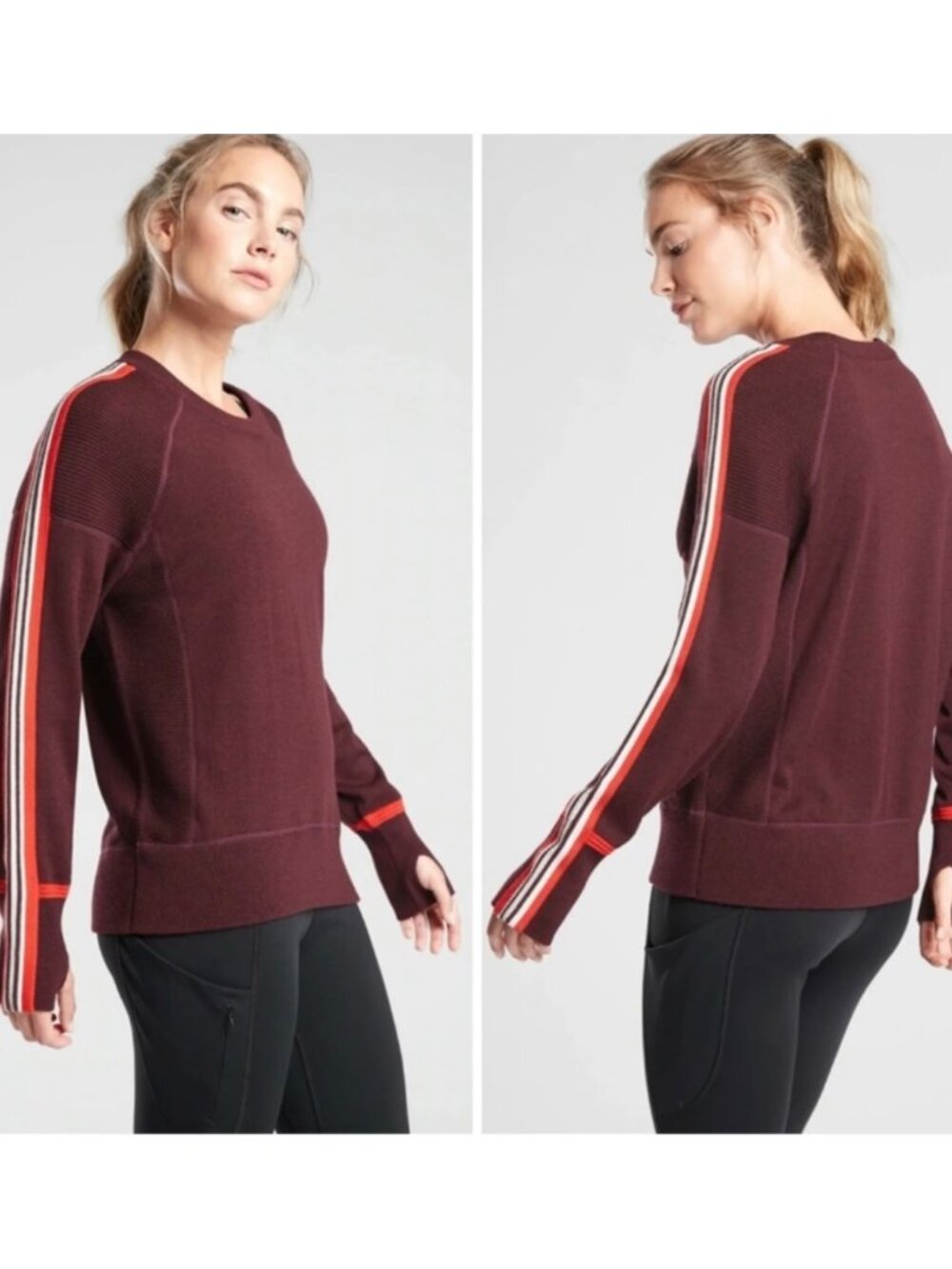 Athleta Canyon Colorblock Antique Burgundy Merino Wool Blend Pullover Size Small